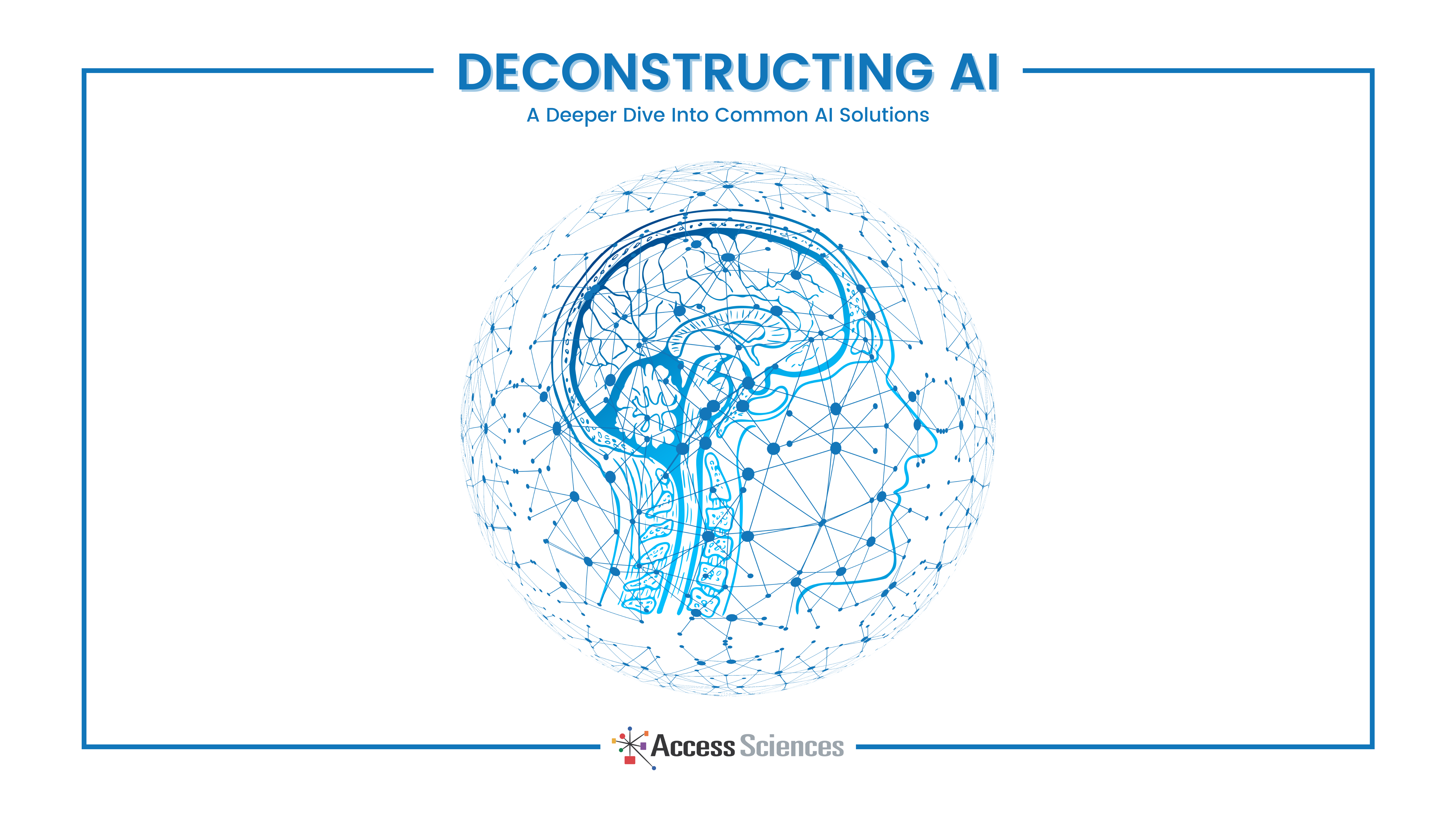 Profile of a human head with a circuit-like brain, linked nodes, titled 'Deconstructing AI' by Access Sciences.