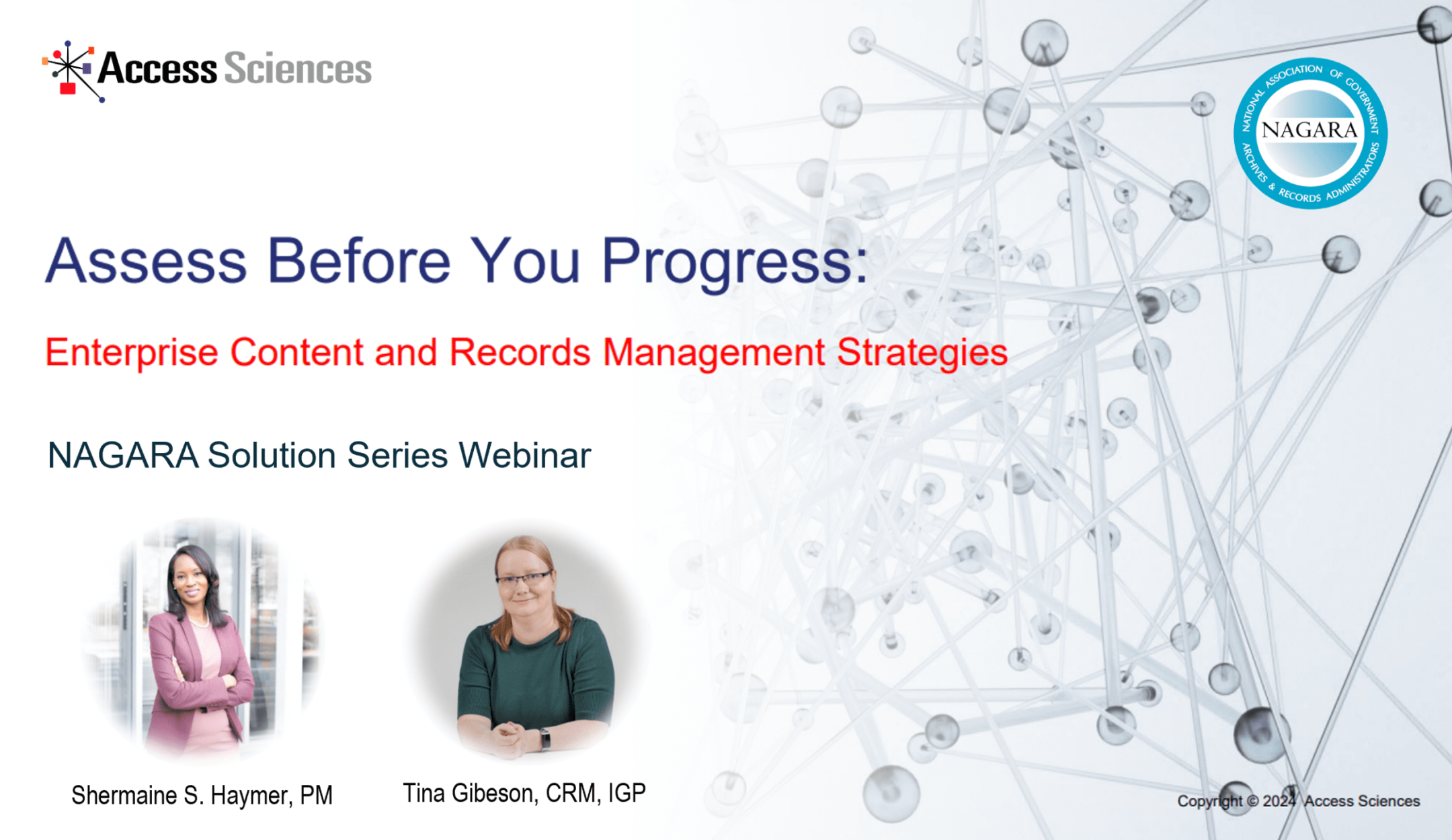 Webinar slide: Assess Before You Progress—Records Strategies—with Haymer, Gibson, Access Sciences, NAGARA.