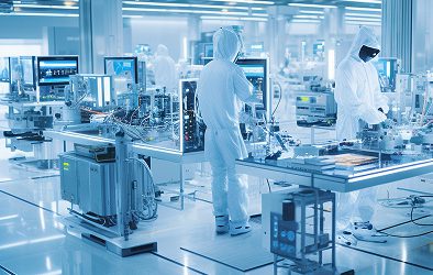 Scientists wearing full-body protective suits work with advanced equipment in a clean, high-tech laboratory where data governance and information management are crucial amid monitors, machines, and bright lighting.
