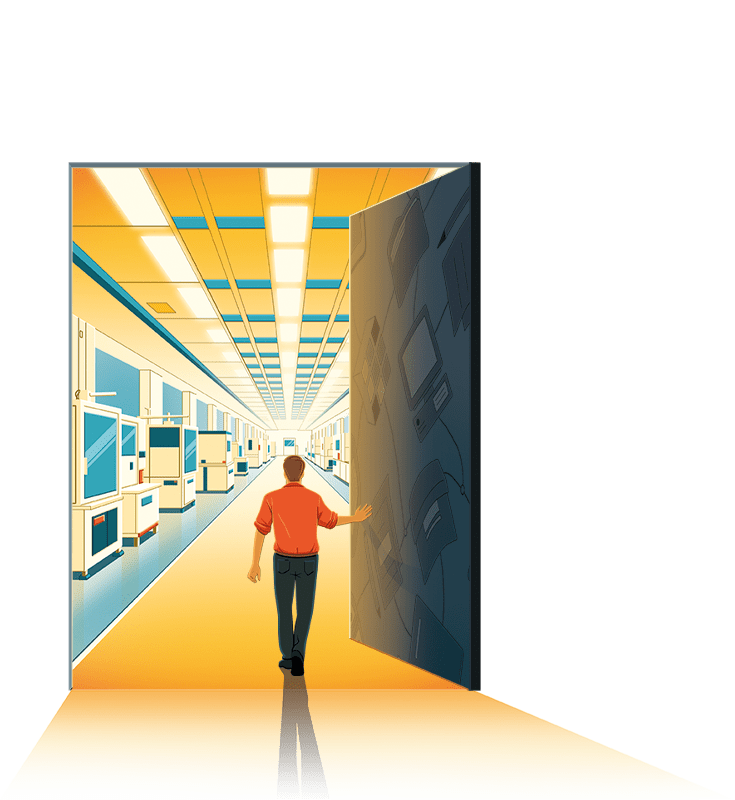 A man in a red shirt walks through a doorway into a brightly lit, high-tech hallway filled with machinery and equipment, suggesting entry into an advanced facility focused on data governance and information management.