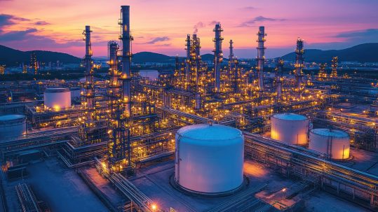 An illuminated oil refinery with tall towers, cylindrical storage tanks, and complex piping, set against a vibrant sunset sky with hills in the background.
