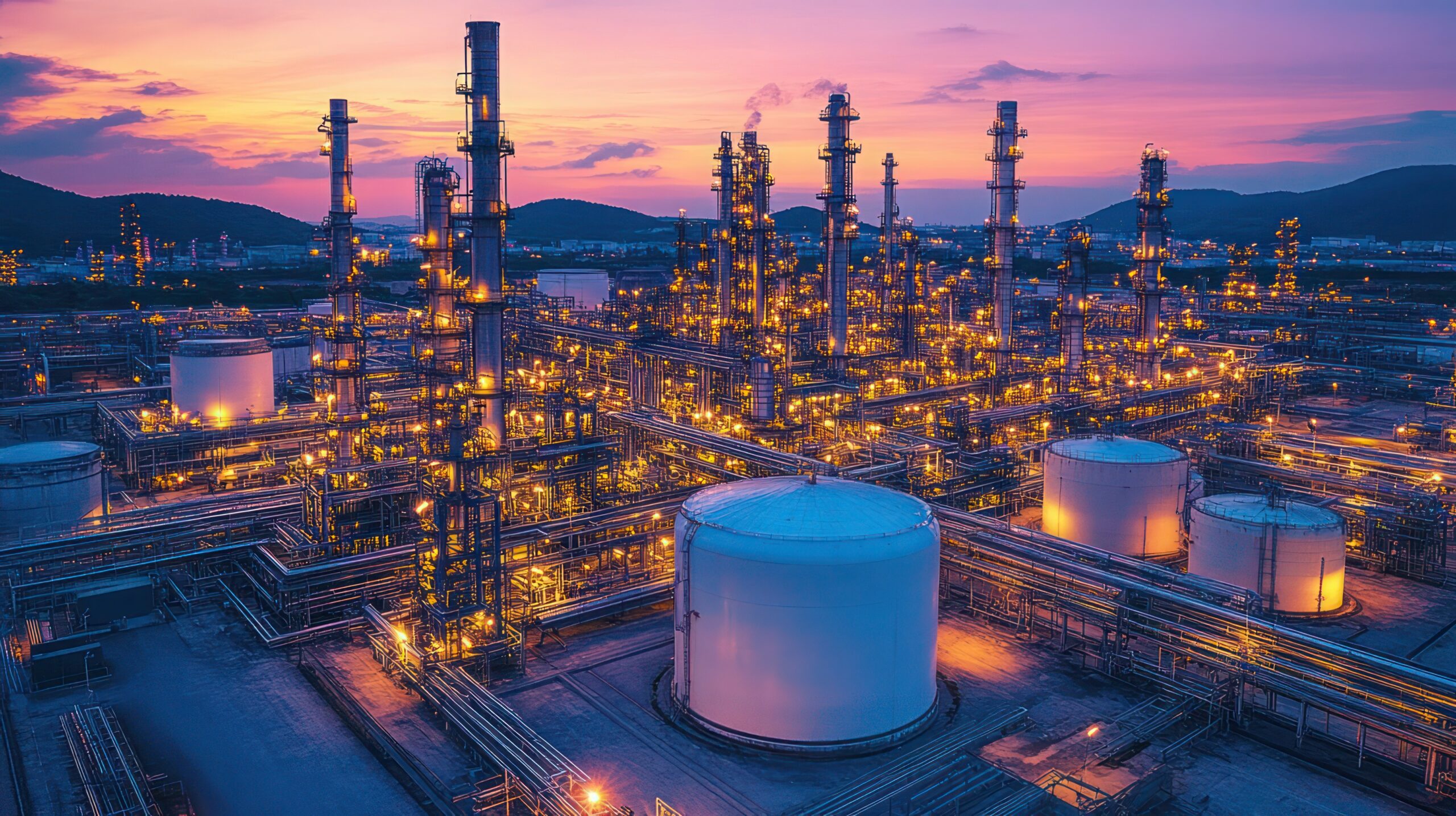 An illuminated oil refinery with tall towers, cylindrical storage tanks, and complex piping, set against a vibrant sunset sky with hills in the background.