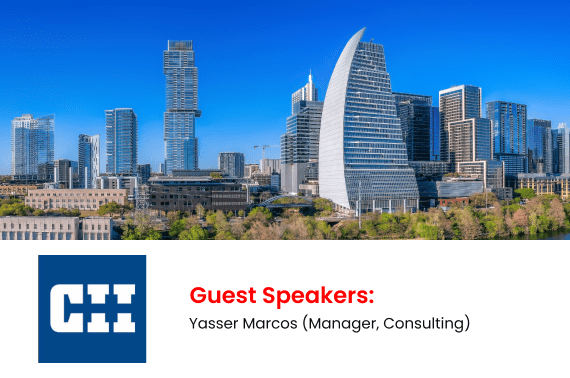 Skyline of a modern city with tall buildings under a clear blue sky. Text below reads: Guest Speakers: Yasser Marcos (Manager, Consulting, Information Management Services) next to a blue and white logo with interlocking letters.