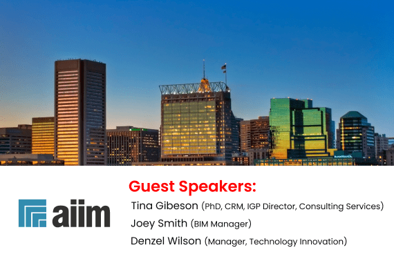 The image shows a city skyline at sunset above a banner listing guest speakers for an AIIM event—experts in information management services: Tina Gibeson, Joey Smith, and Denzel Wilson—along with their titles and the AIIM logo.
