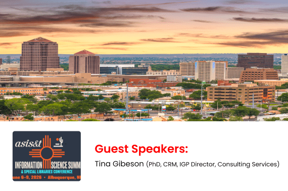 A cityscape of Albuquerque at sunset, with conference details and a featured guest speaker, Tina Gibeson, displayed for the ASIS&T Information Science Summit, June 8-9, 2025.