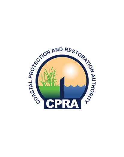 Logo of the Coastal Protection and Restoration Authority (CPRA) featuring a sun, green marsh grass, blue water with a levee, and the acronym CPRA beneath a circular border with the organizations full name.