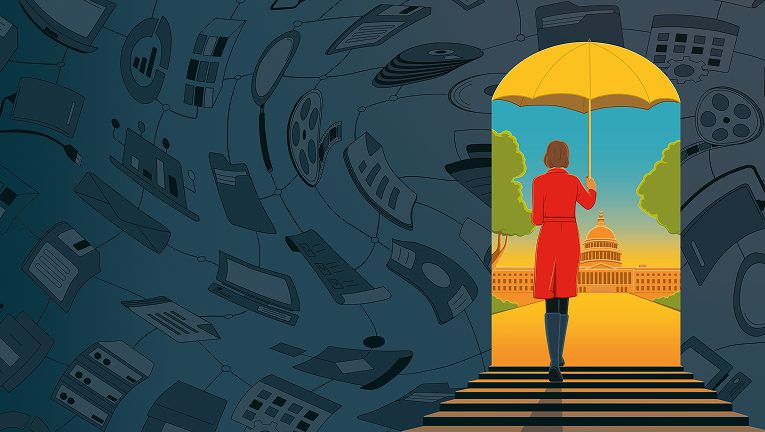 A person in a red coat holds a yellow umbrella and walks through a doorway toward the U.S. Capitol building, leaving a dark room filled with floating technology icons behind.