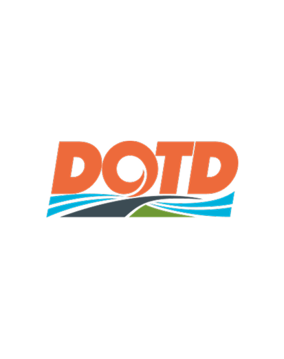 The image features the acronym DOTD in bold orange letters above a stylized road, green field, and blue water waves on a light gray background.