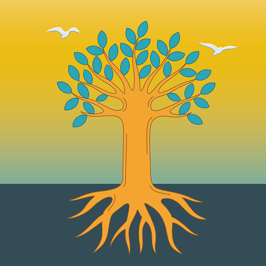 Illustration of an orange tree with blue leaves and visible roots, set against a gradient yellow-green background with two white birds flying in the sky.