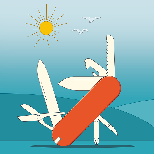 A red Swiss Army knife with open tools, including a knife, scissors, saw, and screwdriver, is shown outdoors under a bright sun and two flying birds against blue hills.