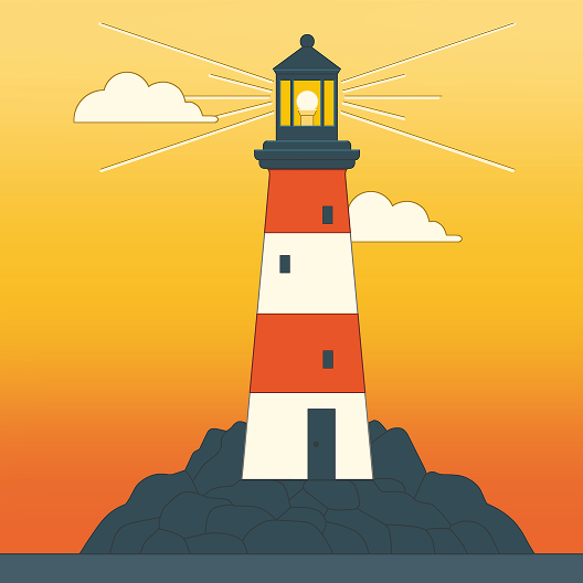 Illustration of a lighthouse with a red and white striped tower standing on dark rocks, shining its light. The background is a gradient orange sky with two clouds, suggesting either sunrise or sunset.