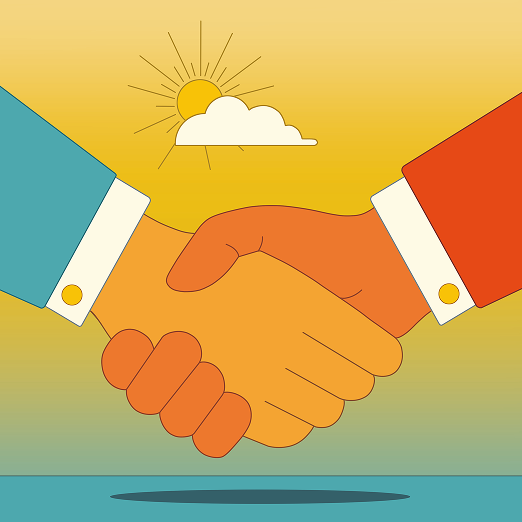 Two people shake hands in front of a yellow sky with a sun and cloud, symbolizing agreement or partnership. Both wear suits, one blue and one red, and their shadows appear below them.