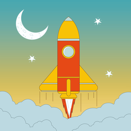 A cartoon rocket with yellow fins and a round window launches into the sky, leaving clouds below. The background includes stars, a crescent moon, and a gradient sky from yellow to teal.