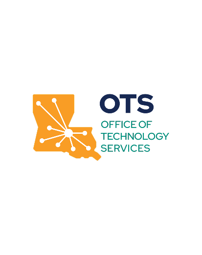 Logo for the Office of Technology Services featuring a yellow outline of Louisiana with white network nodes, and the text OTS Office of Technology Services in blue and green.