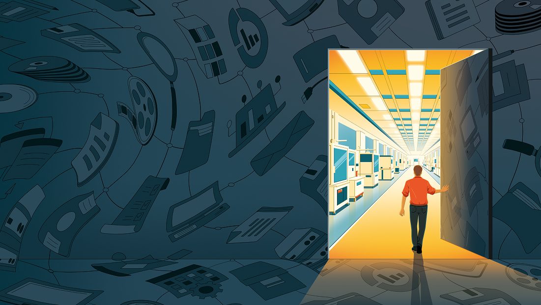 A person in a red shirt walks through an open door into a brightly lit room filled with technology, while the dark wall behind them is covered in illustrations of electronic devices and gadgets.