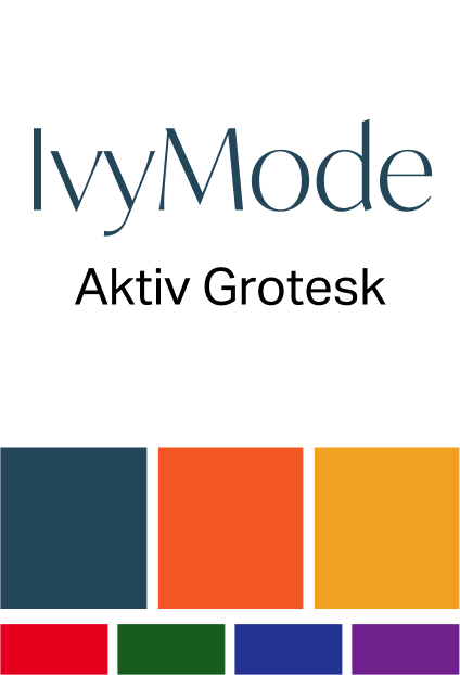Text IvyMode in elegant serif font above Aktiv Grotesk in bold sans-serif. Below are six color swatches: dark teal, orange, red, green, blue, and purple, each in a rectangular block.