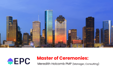 A city skyline at sunset with EPC’s logo on the left. Text reads: “Master of Ceremonies: Meredith Holcomb PMP (Manager, Consulting – Information Management Services).”.