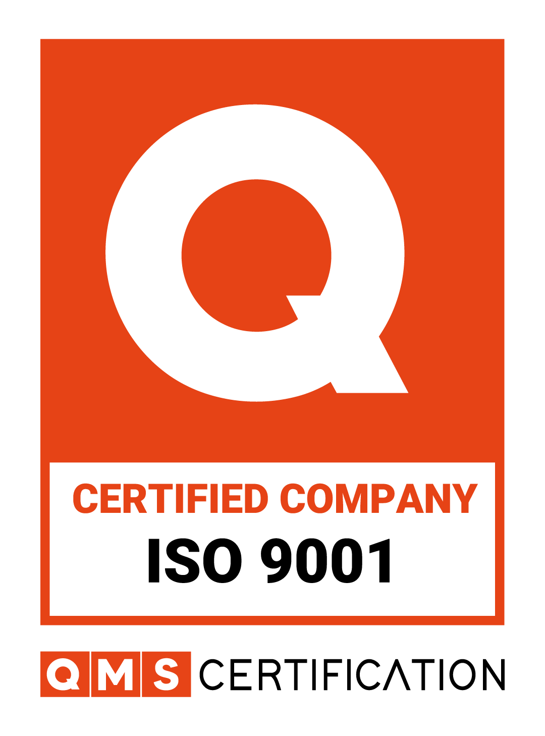 A red and white badge with a large Q and text: CERTIFIED COMPANY ISO 9001. At the bottom, it says QMS CERTIFICATION..