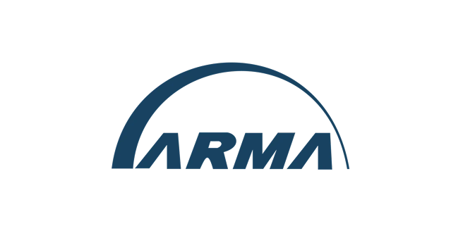 Blue text reads ARMA in bold, stylized letters with an arching blue line starting above the A and ending after the last A on a light gray background.