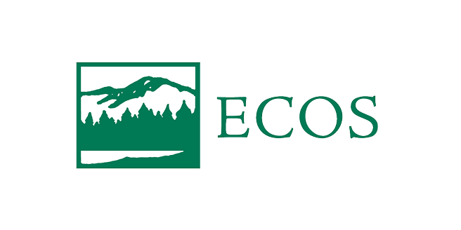Green logo with a mountain, trees, and water inside a square on the left, and the word ECOS in green capital letters on the right.