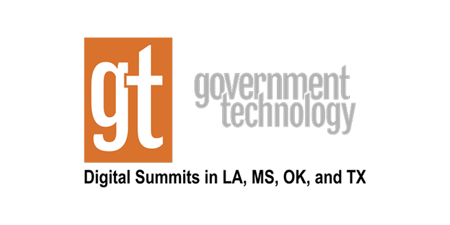 Logo with orange square containing gt and gray text government technology. Below, it says Digital Summits in LA, MS, OK, and TX..