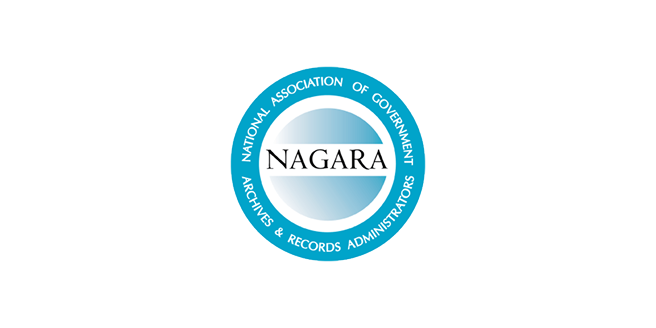 A circular blue and white logo with NAGARA in the center. Around it, the text reads: National Association of Government Archives & Records Administrators..