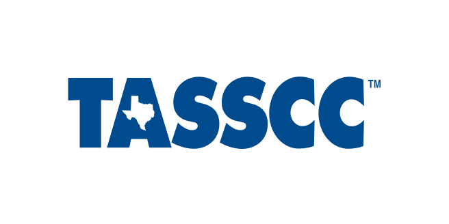 The image shows the blue text TASSCC with the shape of Texas forming the letter A. The background is white.