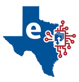 A blue Texas silhouette with a white lowercase e and a red circuit board design featuring documents and arrows on the right side.