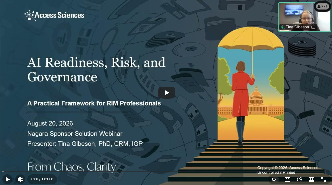 Webinar slide titled AI Readiness, Risk, and Governance: A Practical Framework for RIM Professionals by Access Sciences, featuring a woman with an umbrella standing at the top of a staircase and a video feed of presenter Tina Gibeson.